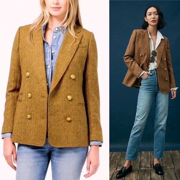 J. CREW wool Double Breasted Herringbone Blazer in gold English size 2 NWOT - Picture 1 of 8